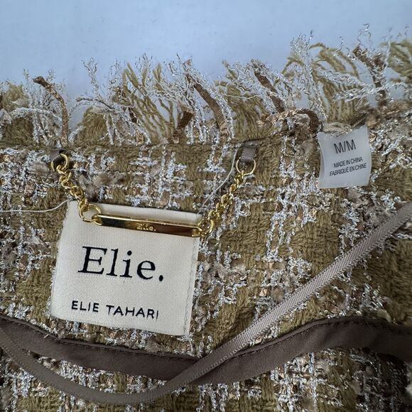 Elie Tahari Womens Long Tweed Jacket M Metallic Gold Crest Old Money Uptown Chic - Picture 12 of 16